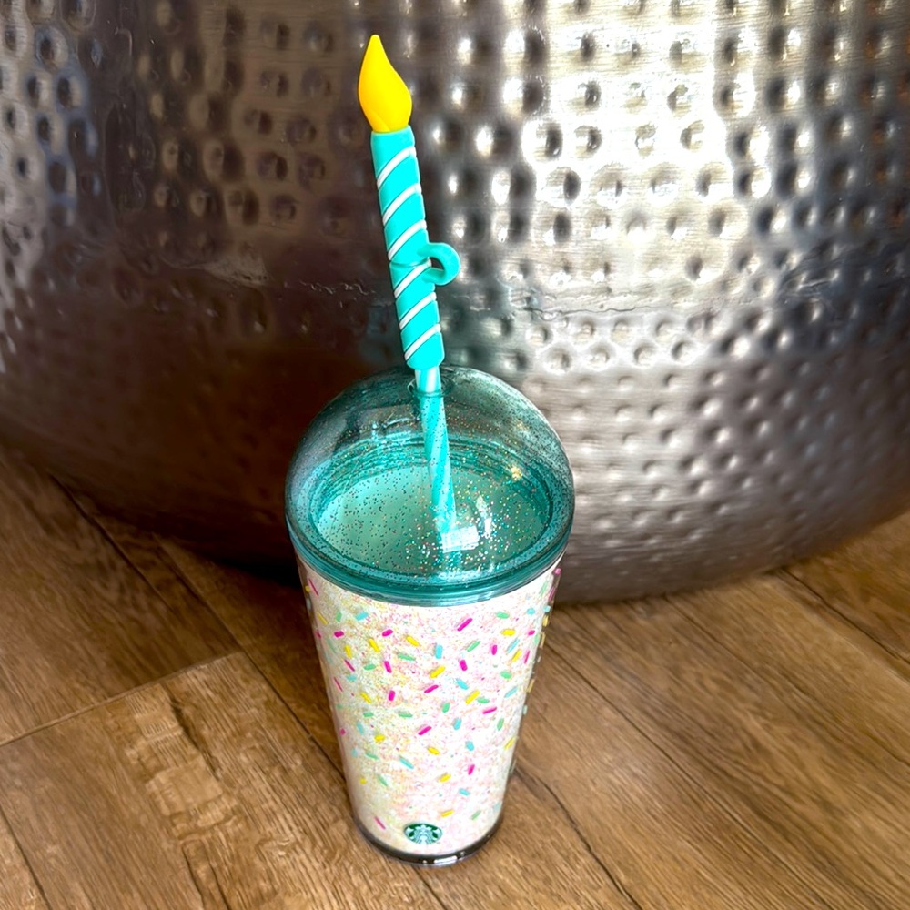 Starbucks Summer 2025 Glitter Dome W/Birthday Candle Straw Topper 16 Oz Tumbler